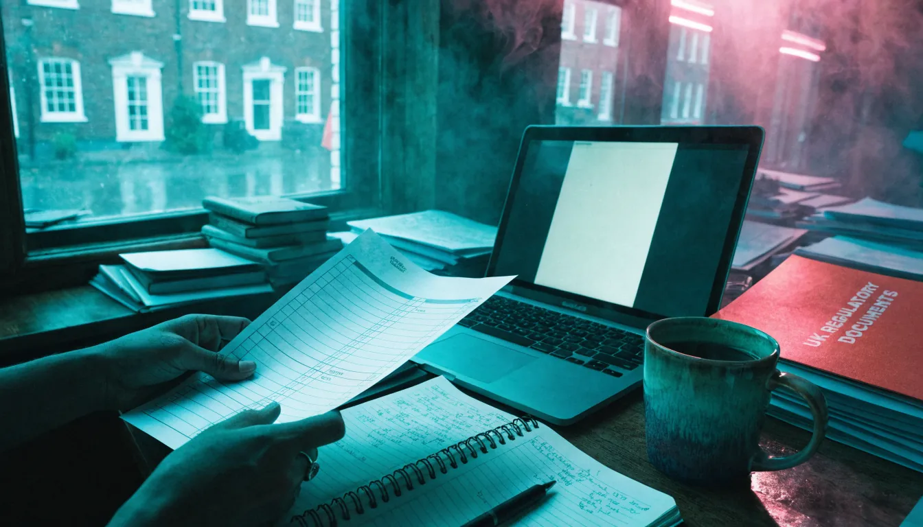Hands reviewing a printed checklist at a sunlit London editorial desk