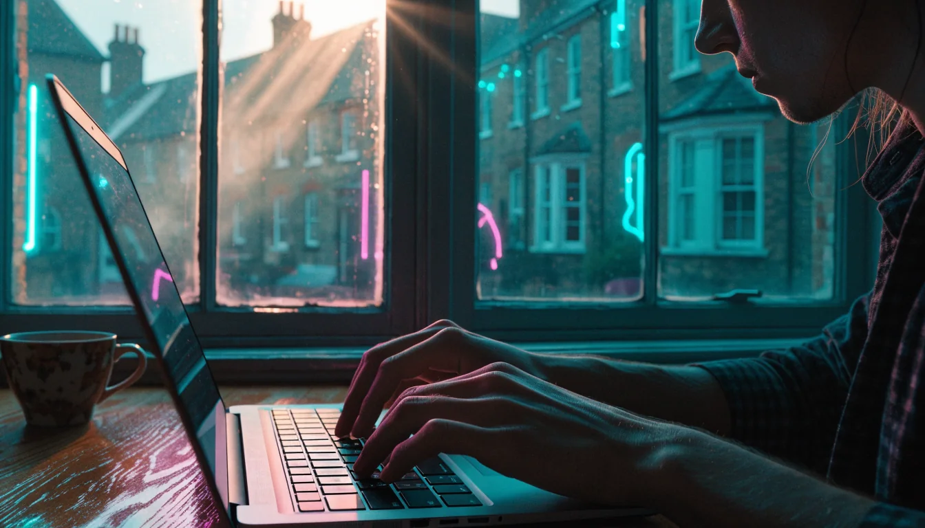 Person typing on a laptop at a desk by a window