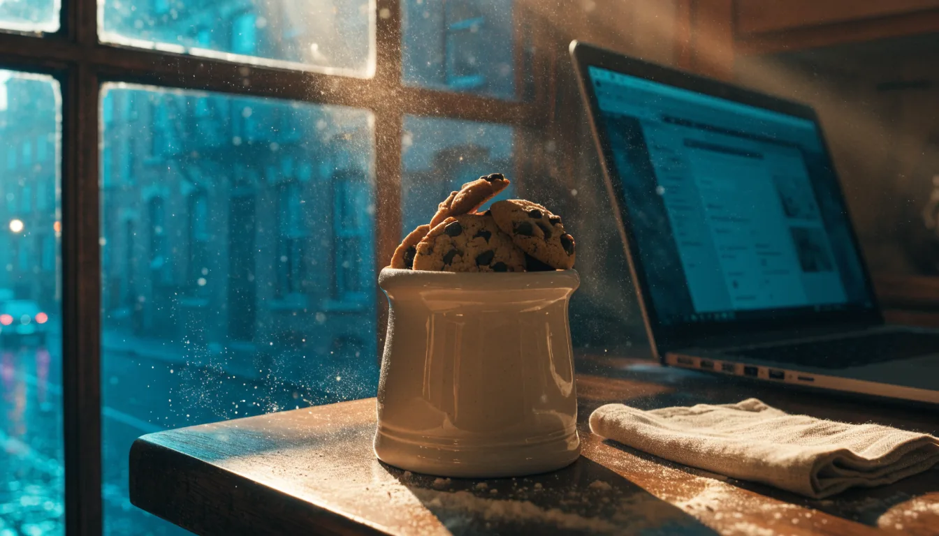Jar of chocolate chip cookies on a wooden counter near an open laptop.