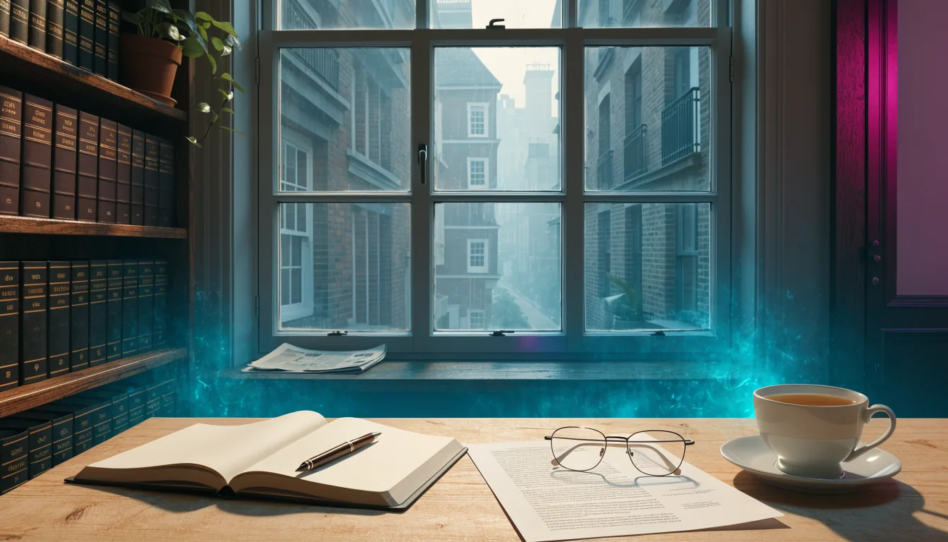 A bright British home office desk with an open notebook, reading glasses, and a document beside a cup of tea.