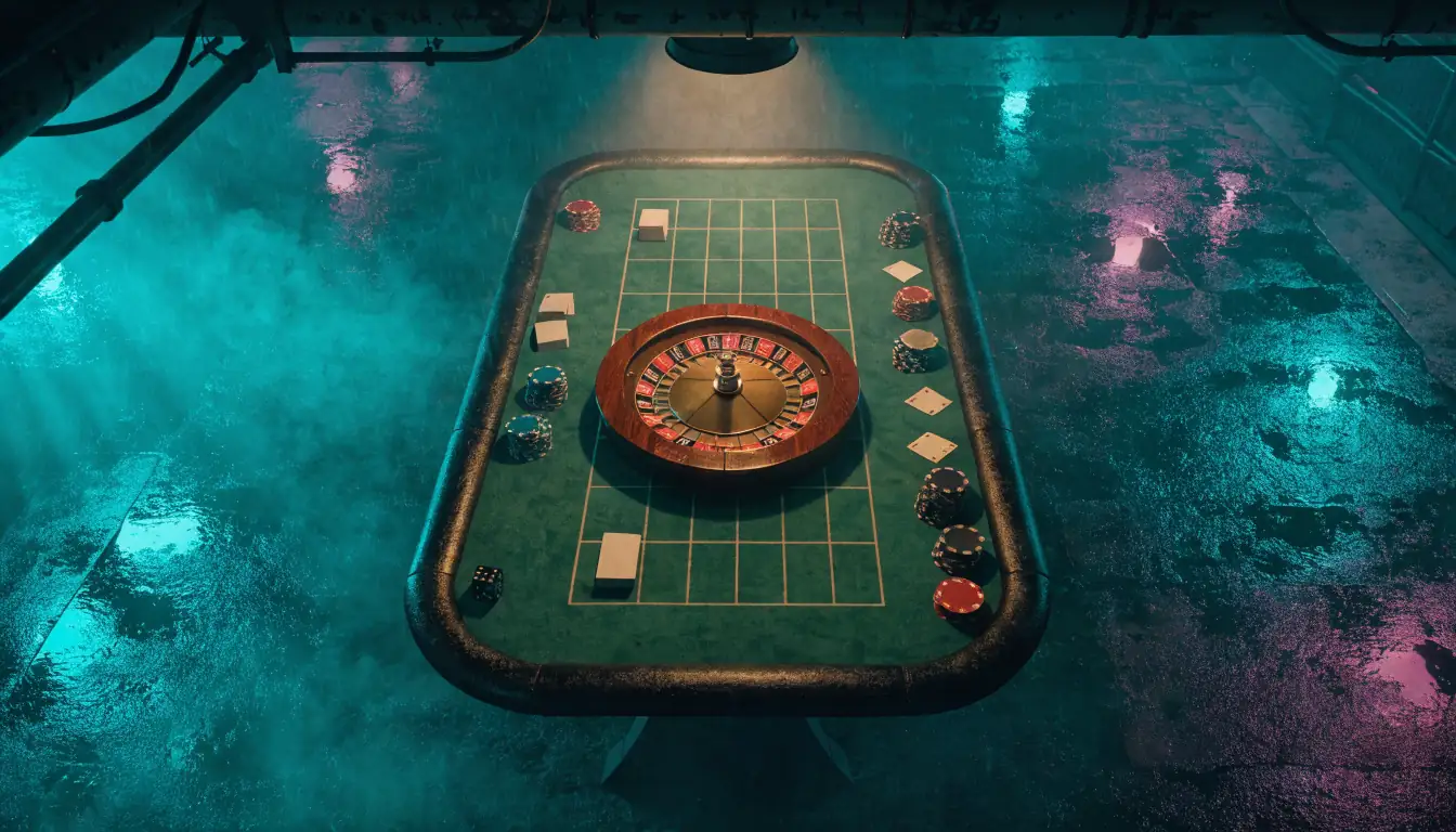 Overhead view of a green gaming table with a roulette wheel and chips.