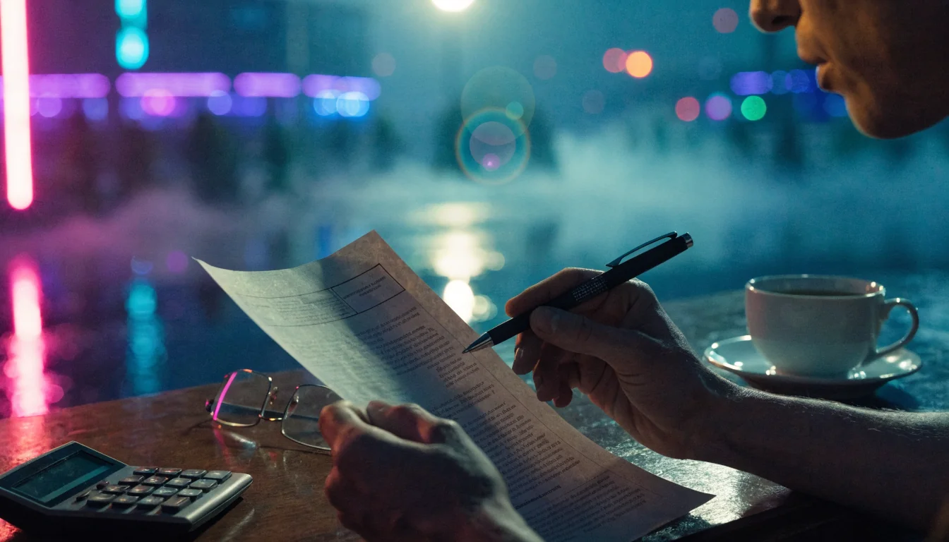 Hands holding a promotional flyer and pen at a desk with calculator.