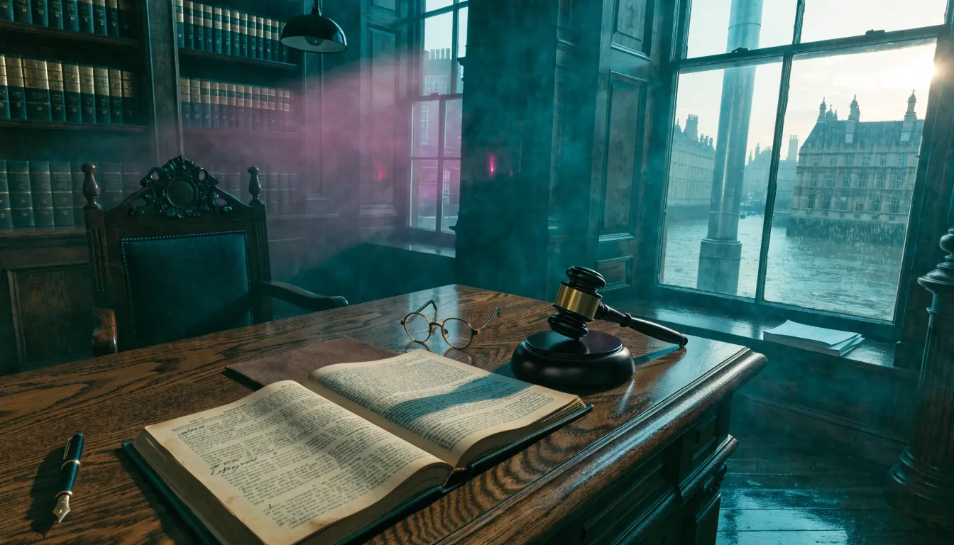 Traditional London office desk with legal document, brass gavel, and Thames view through window