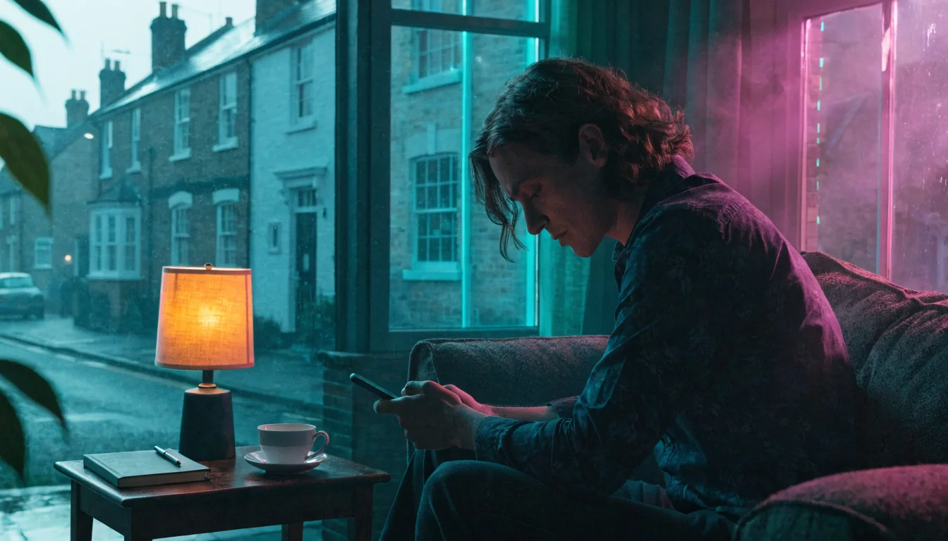 Adult reflecting on gambling habits in a dim UK living room with phone turned face-down.