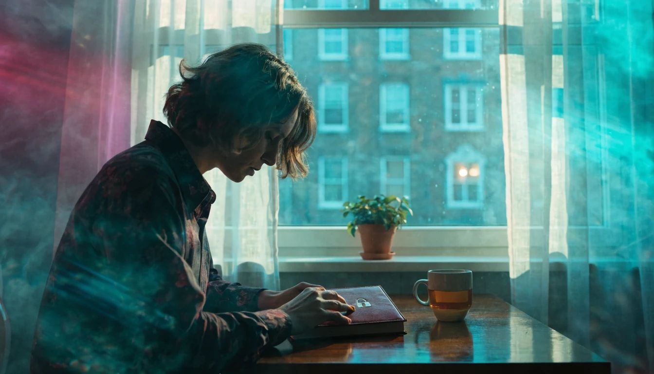 Person securing a locked notebook at a desk in a bright flat, symbolizing personal data protection.