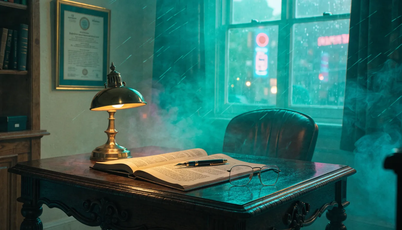 British study desk with legal document, fountain pen, and brass lamp.